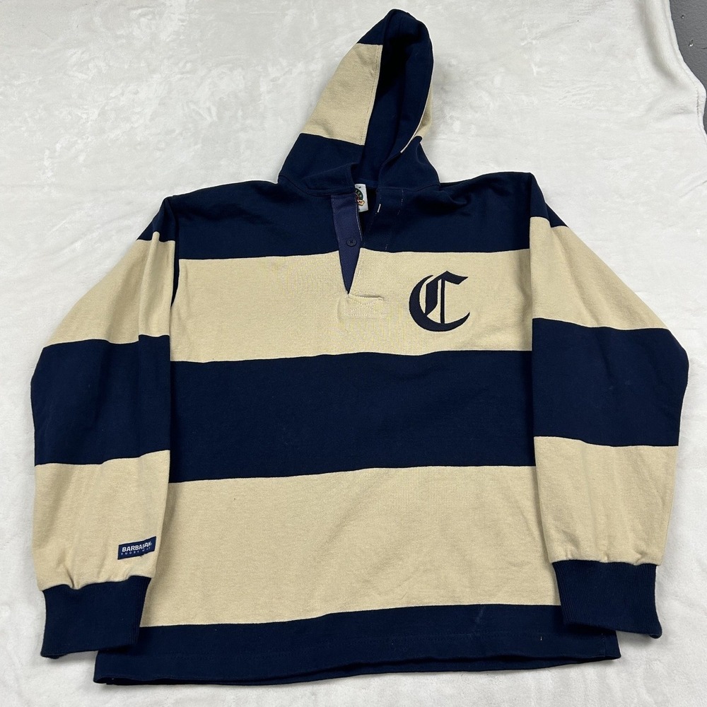Barbarian Rugby Shirt Mens Medium Blue Tan Striped Hooded Long Sleeve 1340